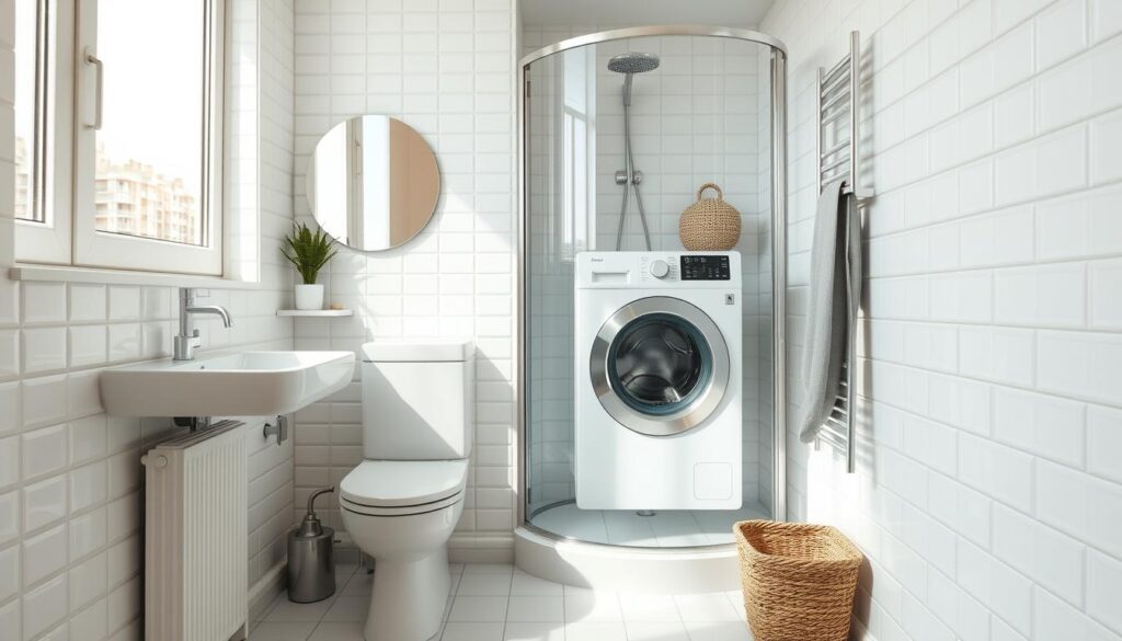 A cozy and well-organized small bathroom with a washing machine. The scene features a bright, modern design with white tile walls, a sleek vanity, and a corner-mounted toilet. The layout is thoughtfully planned, maximizing the available space. Ample natural light streams in through a large window, creating a warm and inviting atmosphere. Minimalist decor elements, such as a potted plant and a simple mirror, add subtle touches of personality. The washing machine is seamlessly integrated into the design, with its clean lines and neutral color palette blending harmoniously with the overall aesthetic. The careful placement of fixtures and storage solutions ensures an efficient and practical layout for this compact yet functional bathroom space.