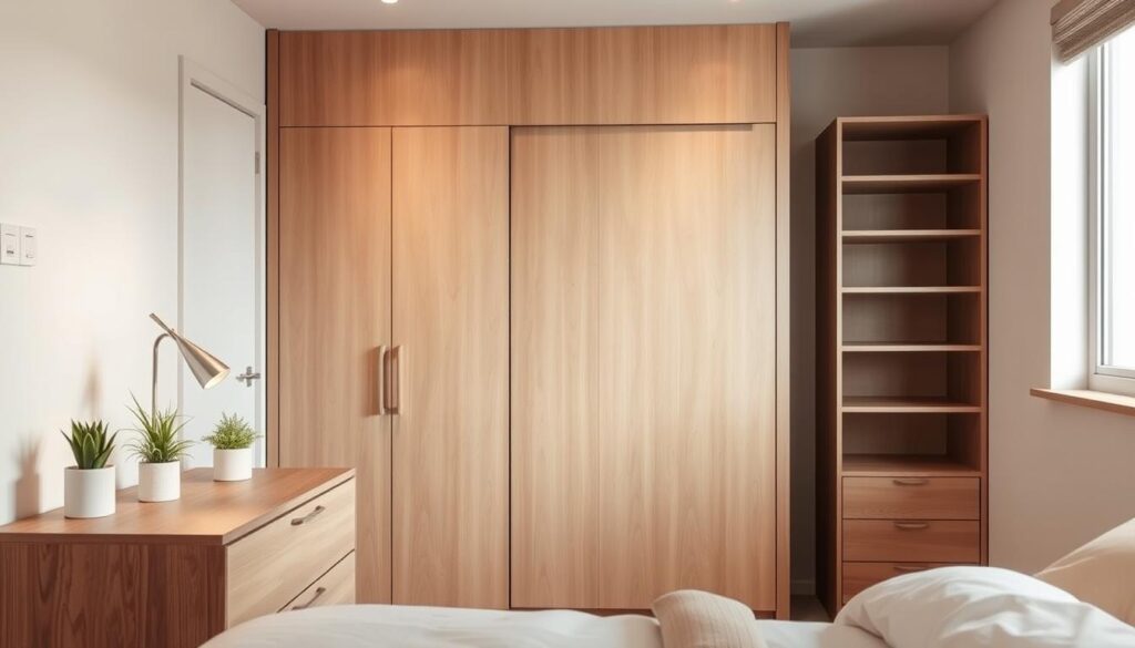 A cozy and well-organized small bedroom with a minimalist wardrobe and storage solutions. In the foreground, a sleek, wooden dresser with clean lines and subtle hardware. On top, a few decorative plants and a table lamp casting a warm, ambient glow. In the middle ground, a modest-sized wardrobe with sliding doors, blending seamlessly into the room's neutral color palette. The background features a serene, light-colored wall, emphasizing the sense of space and tranquility. Soft, diffused lighting from a window accentuates the room's peaceful atmosphere, creating a harmonious and functional space perfect for restful nights.