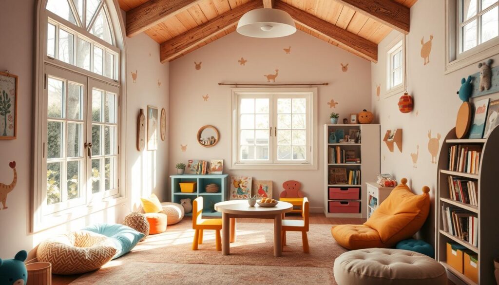 A cozy and whimsical indoor playhouse for children, bathed in soft, natural lighting from large windows. The space features colorful, kid-friendly furniture and decor - a small table and chairs, plush beanbags, and a bookshelf stocked with storybooks. Playful wall art, such as hand-painted murals or stenciled animal shapes, add character. The room has a warm, inviting atmosphere, encouraging imaginative play and discovery. The perspective captures the playhouse from a slightly elevated angle, showcasing the attention to detail and the child-centric design. Overall, the image conveys a sense of wonder and delight, perfect for inspiring ideas on how to create an engaging indoor retreat for young ones.