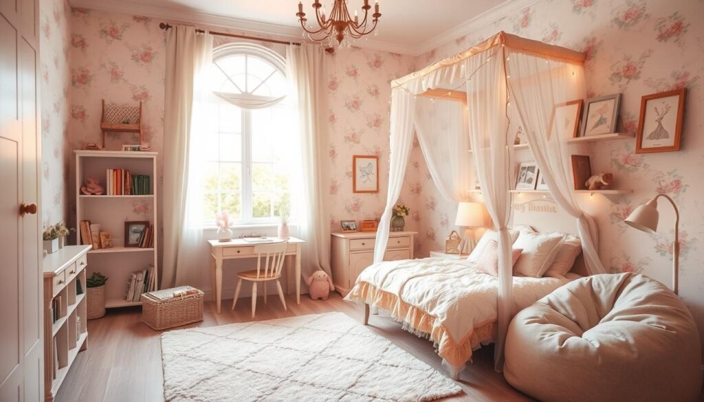 A cozy and whimsical small bedroom for a young girl, flooded with warm natural light from a large window. Soft pastel-colored walls, accented with delicate floral wallpaper. A canopy bed with sheer curtains, adorned with ruffles and lace. Plush area rug in a playful pattern, complemented by a vintage-inspired writing desk and chair. Shelves displaying a collection of storybooks, toys, and framed artwork. Fairy lights draped around the headboard, creating a dreamlike ambiance. A plush bean bag chair in the corner, perfect for curling up and reading. The space exudes a sense of enchantment and whimsy, reflecting the imagination and wonder of a young girl's sanctuary.