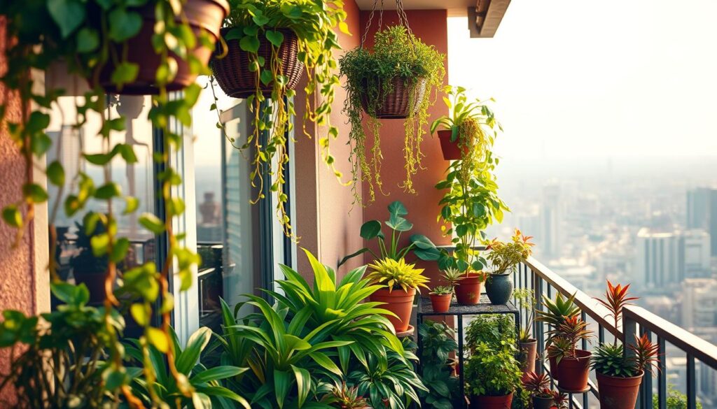 A cozy balcony filled with a lush, vibrant assortment of potted plants, bathed in warm, diffused natural light. In the foreground, trailing vines cascade from hanging baskets, their delicate tendrils swaying gently. Mid-ground features a variety of leafy greens, from tall, architectural floor plants to compact, colorful succulents adorning shelves. The background showcases a panoramic city skyline, hazy and out of focus, creating a sense of tranquility and seclusion. The overall mood is one of urban oasis, a peaceful retreat from the bustling world beyond the balcony's edge.