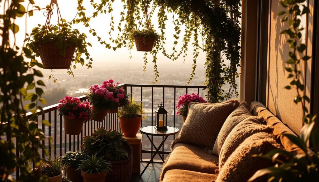 A cozy balcony oasis, bathed in warm golden light. In the foreground, an arrangement of potted plants and hanging baskets, their vibrant foliage and blooming flowers spilling over the railing. Plush, textured throw pillows in earthy tones adorn a plush bench, inviting relaxation. Trailing vines and lush greenery cascade from above, framing the scene. In the middle ground, a small table holds a decorative lantern, its gentle glow adding to the intimate atmosphere. The background reveals a picturesque cityscape, hazy and dreamlike, creating a sense of tranquility. The overall mood is one of coziness, comfort, and a harmonious blend of nature and urban living.