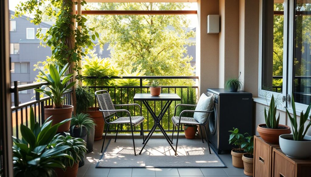 A cozy balcony with a thoughtful layout, featuring a compact table and chairs set against a lush greenery backdrop. The space is bathed in warm, natural lighting, creating a serene and inviting atmosphere. Carefully positioned potted plants and compact storage solutions maximize the area's functionality, showcasing an optimized and visually appealing arrangement. The overall composition conveys a sense of balance, harmony, and efficient use of the limited outdoor space.