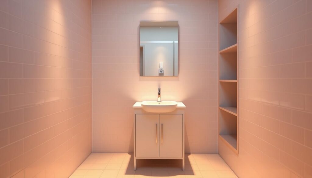 A cozy, compact bathroom without a window, bathed in warm, soft lighting. The minimalist, tiled walls and floors create a clean, serene atmosphere. A freestanding vanity with a simple, modern sink anchors the foreground, flanked by sleek, recessed shelving. The absence of a window is seamlessly integrated, with carefully placed lighting fixtures casting a gentle, ambient glow throughout the space. The overall impression is one of efficiency, functionality, and a calming, spa-like ambiance, perfect for a small, windowless bathroom.