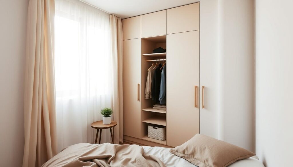 A cozy, compact bedroom with a sleek, minimalist wardrobe occupying a corner. Soft, diffused lighting filters through sheer curtains, creating a warm, inviting atmosphere. The wardrobe features clean lines and a neutral color palette, maximizing storage space in the limited floor area. Carefully placed decor elements, such as a small side table and a potted plant, add personality without cluttering the room. The overall composition emphasizes efficient, space-saving design, showcasing how a small bedroom can be stylishly organized around a functional wardrobe.
