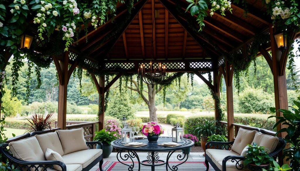 A cozy garden gazebo, its wooden frame adorned with lush, trailing vines and cascading florals. Soft, diffused light filters through the latticed roof, casting a warm, romantic glow over the scene. In the foreground, a plush seating arrangement with plush cushions invites relaxation, while potted plants and decorative lanterns add to the inviting ambiance. The middle ground features an ornate wrought-iron table, set with elegant tableware and a centerpiece of fresh blooms. In the background, a verdant landscape of lush greenery and towering trees frames the tranquil setting, creating a serene and serene atmosphere.