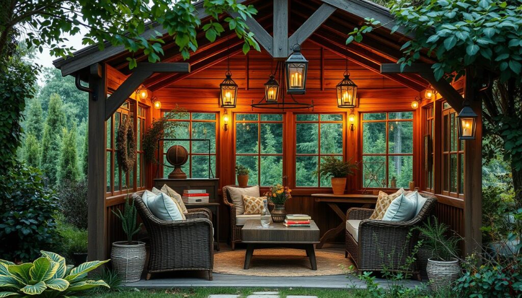 A cozy garden gazebo with a rustic, wooden design, nestled amidst lush greenery. The interior features comfortable seating arrangements, including wicker furniture and plush cushions, creating an inviting atmosphere. Warm lighting from vintage-inspired lanterns and chandeliers casts a soft glow, while large windows allow natural light to filter in, blending the indoors and outdoors. Decorative elements, such as potted plants, vintage decor, and natural accents, add a touch of charm and personality to the space. The overall scene evokes a sense of relaxation and effortless elegance, perfectly suited for the "Aranżacja altany – wybór stylu i mebli" section of the article.