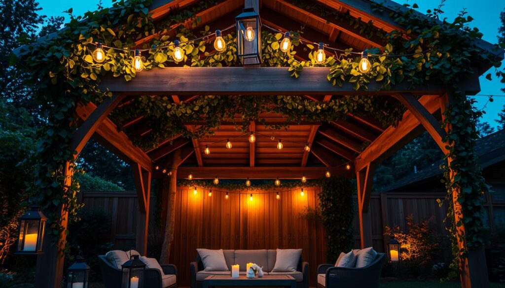 A cozy garden pavilion aglow with warm, ambient lighting. The overhead beams are draped with lush, trailing vines and illuminated by a cluster of soft, Edison-style bulbs. Plush outdoor furniture sits beneath the structure, inviting relaxation. Strategically placed lanterns and candles cast a gentle, flickering light across the wooden floor and accent the pavilion's rustic, natural elements. The scene exudes a sense of tranquility and comfort, perfectly suited for an evening spent admiring the surrounding garden.