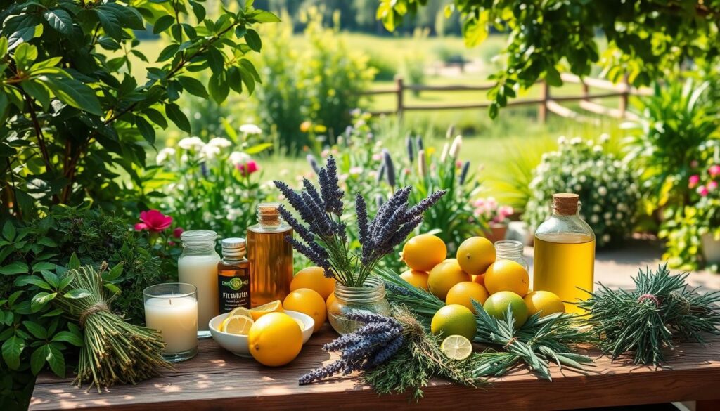 A cozy garden scene, sunlight filtering through lush foliage. In the foreground, an assortment of natural, homemade mosquito repellents - bunches of fragrant herbs, citronella candles, and bowls of essential oils. In the middle ground, a rustic wooden table with a mosaic of natural ingredients - lemons, limes, lavender, and bunches of sage and rosemary. In the background, a verdant landscape with flowering plants and a hint of a wooden fence. The atmosphere is warm, inviting, and free of pesky mosquitoes, conveying the efficacy of these homemade solutions.