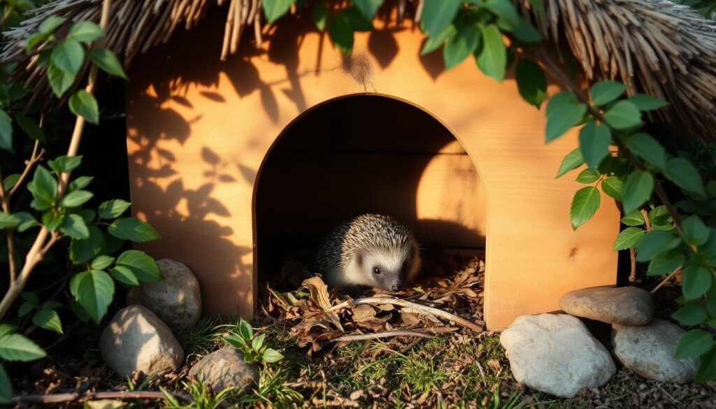 A cozy hedgehog shelter nestled in a lush garden, its wooden walls and thatched roof blending seamlessly with the surrounding greenery. Soft, filtered sunlight filters through the foliage, casting warm shadows across the inviting entrance. Inside, a comfortable bed of dried leaves and moss awaits, providing a safe haven for the garden's resident hedgehog. Carefully placed stones and twigs create a natural barrier, shielding the shelter from the elements and potential predators. The overall scene exudes a sense of peaceful tranquility, capturing the essence of a welcoming hedgehog habitat in a well-tended, wildlife-friendly garden.