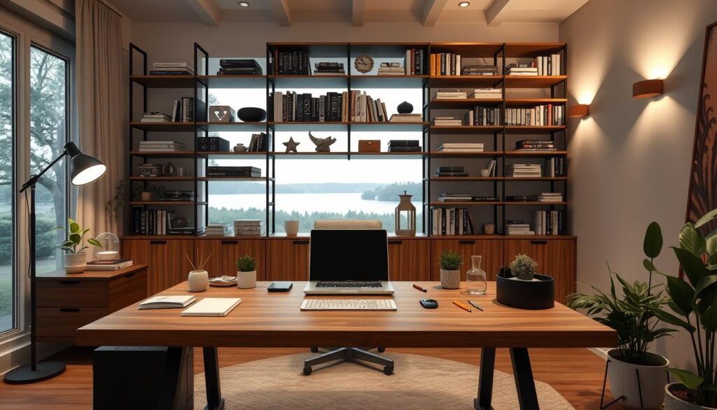 A cozy home office with a sleek, modern desk arrangement. In the foreground, a minimalist wood and metal desk with ample workspace and clean lines. Neatly organized office supplies and a laptop sit atop the desk, surrounded by carefully placed plants and small decorative items. The middle ground features a large, wall-mounted shelving unit filled with books, folders, and decorative accessories, creating a sense of order and productivity. Soft, indirect lighting from a floor lamp and wall sconces illuminates the space, casting a warm, focused glow. The background showcases a large window overlooking a serene outdoor scene, blending the indoor and outdoor environments for a tranquil, inspirational atmosphere.