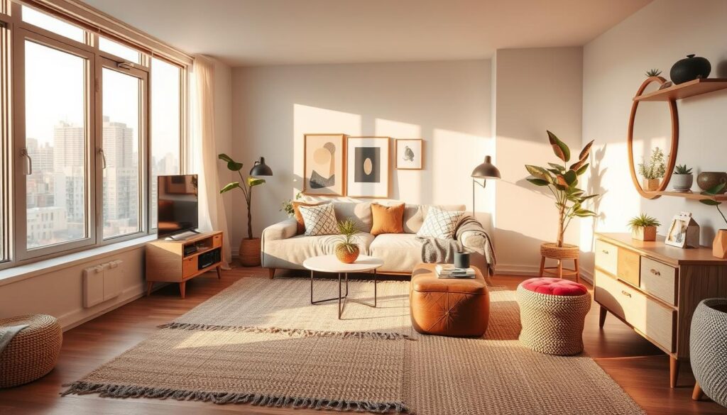 A cozy, inviting studio apartment with a clean, minimalist aesthetic. The space is bathed in warm, natural lighting from large windows that overlook a city skyline. In the foreground, an eclectic mix of color palettes are displayed - from soft, muted earth tones to vibrant pops of jewel-toned accents. Textures like woven rugs, plush textiles, and wooden furniture elements create visual depth and tactile interest. The middle ground features a carefully curated arrangement of decorative pieces, artwork, and plants that inject personality and a sense of coziness. The background gently fades to a serene, subdued backdrop that allows the colors and textures to take center stage. Overall, the scene conveys a harmonious, inviting atmosphere perfect for a small living space.