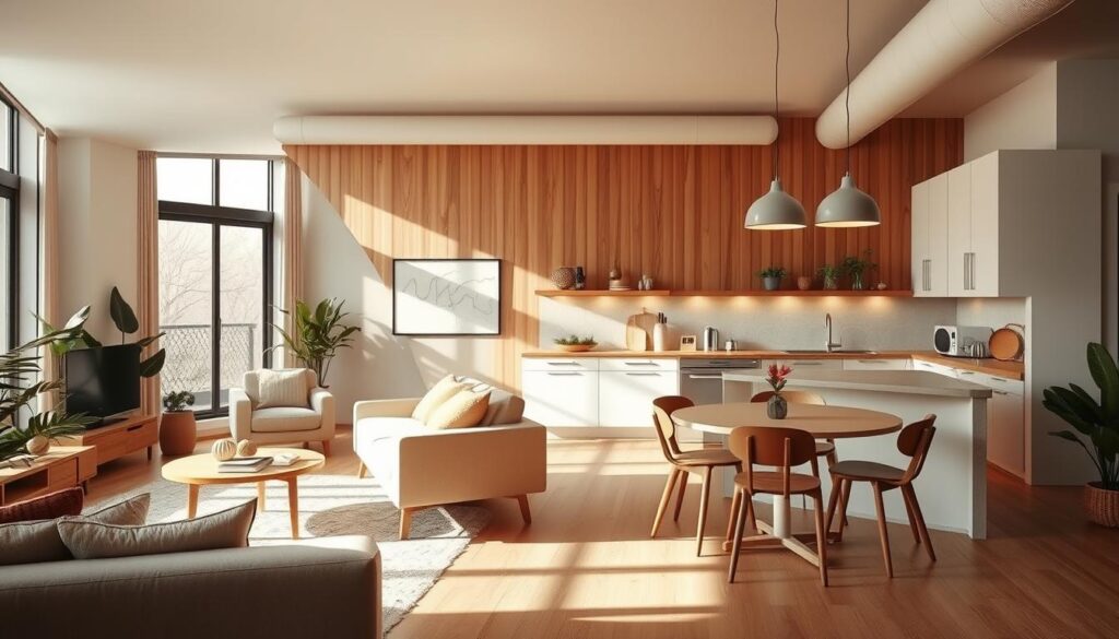 A cozy, open-concept living space with a seamlessly integrated kitchen and dining area. A mid-century modern aesthetic with warm, wooden accents and pops of earthy tones creates a inviting, minimalist ambiance. Soft, diffused lighting from large windows and modern pendant fixtures illuminates the space, casting a gentle glow. The kitchen features sleek, white cabinetry and a central island with barstools, blending seamlessly with the living room's plush, modular sofa and accent chairs. A round dining table with wooden chairs sits adjacent, fostering a sense of togetherness. Potted plants and subtle wall decor add natural touches, while the overall layout maximizes the compact dimensions of a typical small apartment.