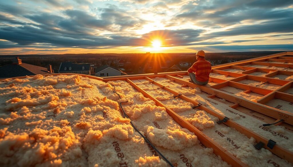 A cozy rooftop at golden hour, the sun's warm glow illuminating a well-insulated attic space. In the foreground, meticulously installed insulation panels, their R-value prominently displayed, provide an effective barrier against heat loss. The middle ground showcases a variety of insulation materials, from fluffy fiberglass to rigid foam boards, each tailored to specific areas of the roof structure. In the background, a panoramic view of a picturesque neighborhood, showcasing the importance of proper roof insulation for energy efficiency and comfort. The scene conveys a sense of expertise, attention to detail, and a commitment to sustainable building practices. A cozy rooftop at golden hour, the sun's warm glow illuminating a well-insulated attic space. In the foreground, meticulously installed insulation panels, their R-value prominently displayed, provide an effective barrier against heat loss. The middle ground showcases a variety of insulation materials, from fluffy fiberglass to rigid foam boards, each tailored to specific areas of the roof structure. In the background, a panoramic view of a picturesque neighborhood, showcasing the importance of proper roof insulation for energy efficiency and comfort. The scene conveys a sense of expertise, attention to detail, and a commitment to sustainable building practices.