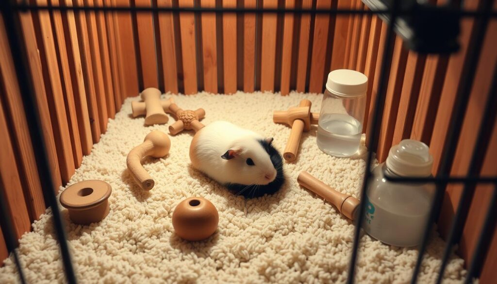 A cozy, well-lit guinea pig cage interior with a soft, plush bedding material covering the floor. Wooden or metal bars frame the enclosure, providing a sturdy and secure structure. Assorted natural wooden chew toys, a food bowl, and a water bottle are neatly arranged within the space. The lighting is warm and inviting, creating a comfortable and safe environment for the guinea pig. The scene conveys a sense of care, cleanliness, and attention to the animal's well-being, reflecting the article's focus on selecting the right materials and setup for a guinea pig's habitat. A cozy, well-lit guinea pig cage interior with a soft, plush bedding material covering the floor. Wooden or metal bars frame the enclosure, providing a sturdy and secure structure. Assorted natural wooden chew toys, a food bowl, and a water bottle are neatly arranged within the space. The lighting is warm and inviting, creating a comfortable and safe environment for the guinea pig. The scene conveys a sense of care, cleanliness, and attention to the animal's well-being, reflecting the article's focus on selecting the right materials and setup for a guinea pig's habitat.