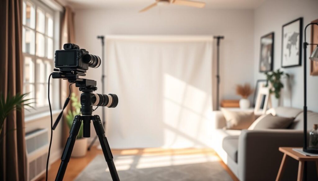 A cozy, well-lit home photography studio with minimalist decor. In the foreground, a sleek camera setup on a sturdy tripod, lenses and accessories neatly arranged on a small side table. The middle ground features a simple backdrop, perhaps a solid color or subtle textured wall, allowing the subject to be the focus. Natural lighting streams in through large windows, casting a warm, inviting glow. The background showcases a few carefully curated decorative elements, such as a potted plant, a framed artwork, or a small bookshelf, creating a harmonious and visually appealing environment. The overall atmosphere is one of tranquility, creativity, and functionality, perfect for capturing beautiful, high-quality photographs in a compact, personalized space.