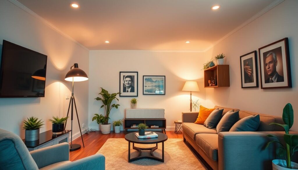 A cozy, well-lit living room in a small apartment, showcasing a mix of modern and traditional elements. The space is bathed in a warm, inviting glow from a combination of recessed ceiling lights, a statement floor lamp, and strategically placed task lighting. Soft textures, such as a plush area rug and velvet throw pillows, add depth and comfort. Carefully curated decor, including framed artwork and potted plants, creates a sense of coziness and personality. The overall atmosphere is one of relaxation and functionality, perfectly suited for a small but welcoming living space. A cozy, well-lit living room in a small apartment, showcasing a mix of modern and traditional elements. The space is bathed in a warm, inviting glow from a combination of recessed ceiling lights, a statement floor lamp, and strategically placed task lighting. Soft textures, such as a plush area rug and velvet throw pillows, add depth and comfort. Carefully curated decor, including framed artwork and potted plants, creates a sense of coziness and personality. The overall atmosphere is one of relaxation and functionality, perfectly suited for a small but welcoming living space.