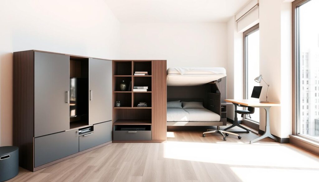 A cozy, well-lit modern studio apartment showcasing a multifunctional furniture arrangement. In the foreground, a sleek, minimalist storage unit with sliding doors, shelves, and drawers serves as a TV stand, bookcase, and display. Behind it, a convertible sofa-bed unfolds, transforming the living area into a guest bedroom. To the side, a height-adjustable desk and swivel chair provide a compact, versatile workstation. The room is bathed in warm, natural light filtering through large windows, creating a sense of spaciousness and functionality in a small urban dwelling.