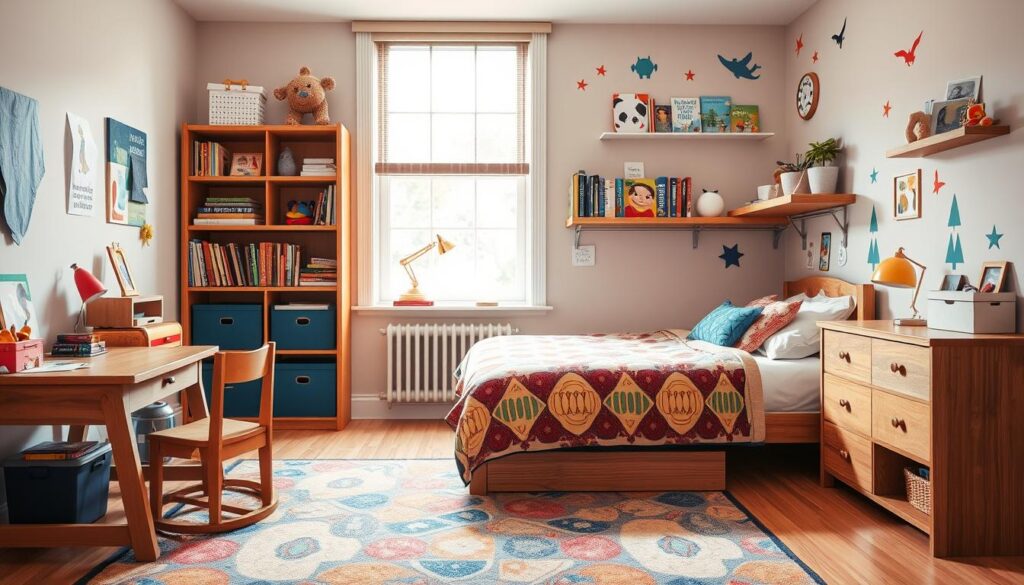 A cozy, well-organized children's bedroom with a mix of practical and whimsical furniture. In the foreground, a sturdy wooden desk and chair set against a colorful patterned rug. In the middle ground, a compact yet comfortable twin bed with a vibrant bedspread and plush pillows. Above, a sturdy open bookshelf displaying an assortment of storybooks and toys. In the background, a bright window floods the room with natural light, accented by playful wall decals. The overall atmosphere is one of warmth, creativity, and age-appropriate functionality, perfect for a young boy's personal space.