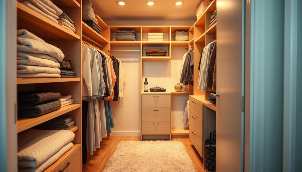 A cozy, well-organized closet space in a small bedroom, bathed in warm, soft lighting. The shelves and rods are smartly configured to maximize storage, with neatly folded clothes, hanging garments, and carefully arranged accessories. Wooden or light-toned shelving and cabinetry create a clean, minimalist aesthetic, complemented by a plush area rug and a few decorative accents. The scene conveys a sense of order, efficiency, and thoughtful design, providing inspiration for crafting a functional yet stylish wardrobe in a limited space.