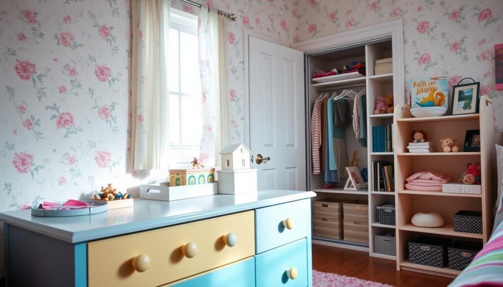 A cozy, well-organized girl's bedroom with ample storage solutions. In the foreground, a colorful, child-sized dresser with whimsical knobs and drawers for neatly tucking away clothes and accessories. Nearby, a bookshelf with adjustable shelves holds storybooks, dolls, and other treasured items. Soft, natural lighting streams in through a window, illuminating the space. The walls are adorned with delicate floral wallpaper, creating a serene, feminine atmosphere. In the background, a closet with sliding doors offers additional concealed storage. The overall scene conveys a sense of order, functionality, and a touch of playful imagination, perfect for a growing girl's personal haven.