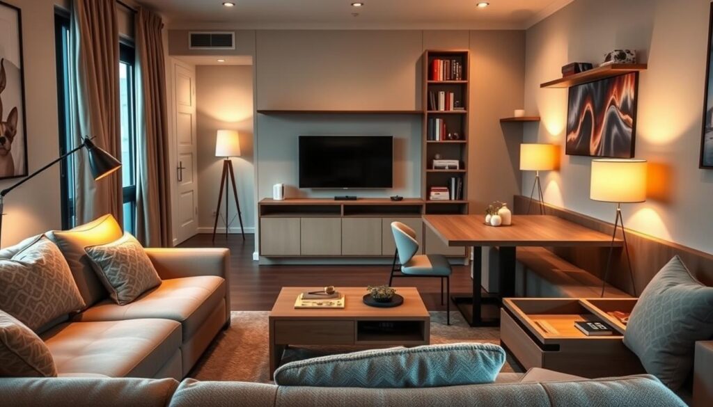 A cozy, well-organized small apartment interior with functional furniture and clever storage solutions. In the foreground, a modular sofa with built-in shelving and a coffee table with hidden compartments. In the middle ground, a minimalist dining table with benches that double as storage units. The background features a wall-mounted TV unit with concealed cable management and floating bookshelves. Soft, warm lighting from a combination of floor and table lamps creates a comfortable, inviting atmosphere. The color palette is neutral with pops of earthy tones, complementing the clean, contemporary design. A stylish, efficient use of limited space that seamlessly blends form and function.
