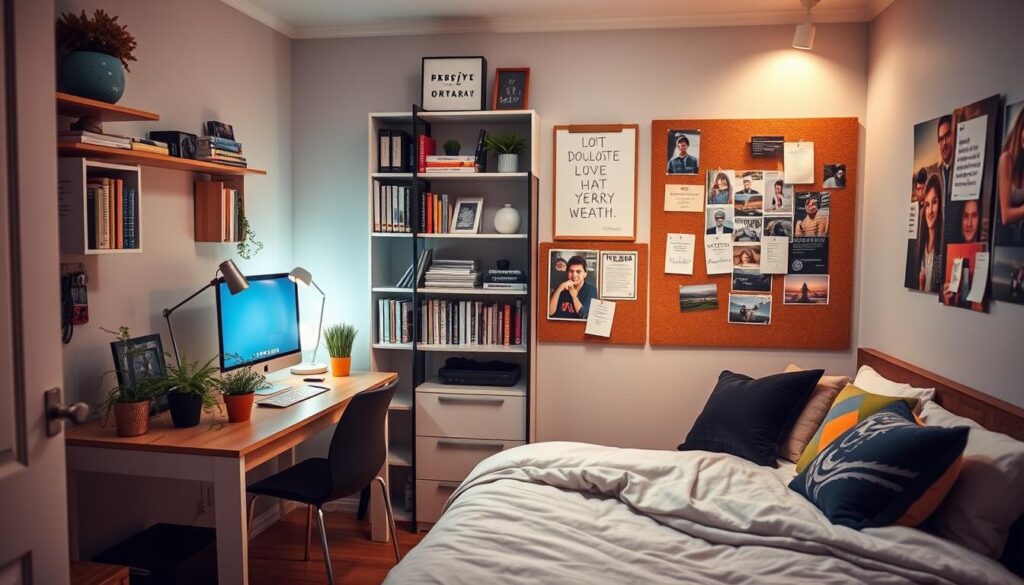 A cozy, well-organized teenage bedroom with ample storage solutions. In the foreground, a modern desk setup with a minimalist computer, potted plants, and a lamp casting a warm, focused glow. In the middle ground, a modular shelving unit displaying books, awards, and personal mementos. The walls feature cork boards, pinned with inspirational notes and photographs, reflecting the occupant's interests and personality. The bed is neatly made, with plush bedding and accent pillows. Soft, ambient lighting illuminates the space, creating a inviting, productive atmosphere. The room exudes a sense of order and self-expression, tailored to the needs and tastes of a young, creative individual.