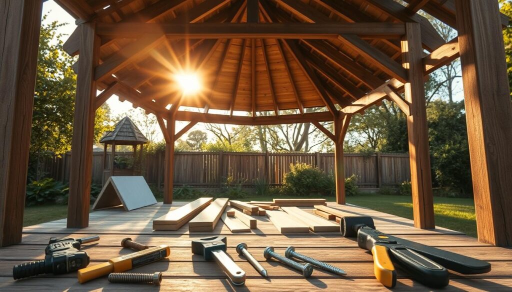 A cozy wooden gazebo with a partially constructed roof, the framing and beams visible. Planks and roofing materials are scattered around, suggesting an ongoing installation process. Warm afternoon sunlight filters through the partially completed structure, casting soft shadows. In the foreground, detailed tools and fasteners are neatly arranged, ready for use. The background features a tranquil garden setting, with lush greenery and a sense of peace. The scene conveys a practical, hands-on approach to the roof installation, with an inviting atmosphere that inspires the viewer to engage in the process.