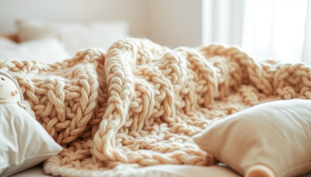 A cozy wool blanket draped over a child's bed, its soft texture and warm hues inviting snugness and comfort. The blanket's surface showcases a intricate pattern of intertwined wool strands, creating a visually captivating design. Soft lighting from a nearby window casts a gentle glow, highlighting the blanket's natural fibers and subtly illuminating the serene, bedroom setting. In the foreground, plush pillows and a playful stuffed animal complement the welcoming atmosphere, creating a tranquil scene perfect for a child's restful retreat.