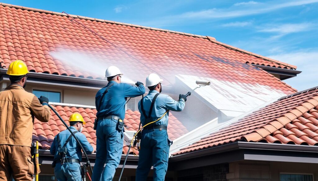 A crew of professional workers power-washing and painting the roof of a modern two-story house. In the foreground, workers in coveralls and hardhats are scrubbing the tiles with high-pressure hoses, removing dirt and grime. In the middle ground, a painter is carefully applying a fresh coat of protective sealant to the roof's surface, using a long-handled roller. The background features a clear blue sky with a few wispy clouds, lending an atmosphere of a sunny, productive workday. The scene conveys a sense of skilled, efficient home maintenance and preparation for the next phase of the roofing project.