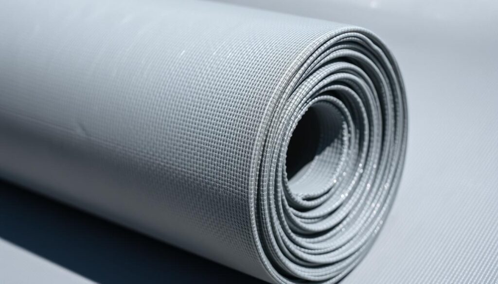 A crisp, high-quality close-up of a roll of gray agrowłóknina material, also known as geotextile or landscape fabric. The smooth, woven synthetic fabric has a slightly textured surface and is tightly spooled, ready to be unrolled and used as a ground cover or mulch in a garden or landscaping project. The lighting is bright and natural, casting subtle shadows that accentuate the fabric's structure and weave. The image is framed tightly, filling the frame with the detailed, technical material, conveying its practical, functional qualities as an alternative to traditional organic mulches.