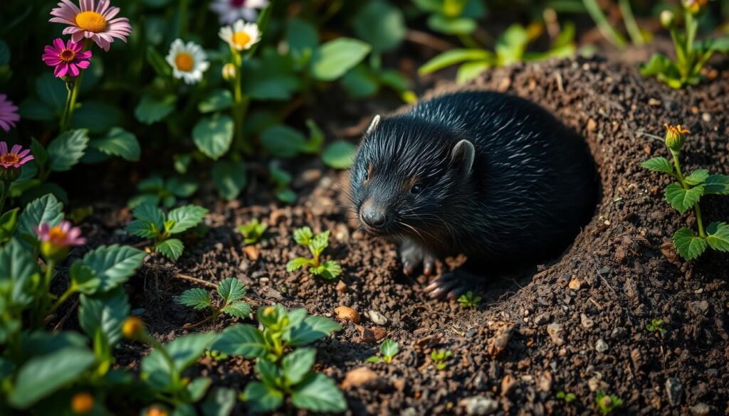 A detailed and naturalistic image of a mole (Talpa europaea) in a lush garden setting, focusing on its unique biology and natural behaviors. The mole is depicted emerging from a soil mound, its black fur and distinctive pointed snout clearly visible. The surrounding garden features a rich tapestry of greenery, including vibrant flowers, verdant foliage, and moist, loamy soil. Soft, diffused lighting illuminates the scene, creating a serene and contemplative atmosphere. The composition emphasizes the mole's role within the garden ecosystem, inviting the viewer to better understand its place in the natural world.