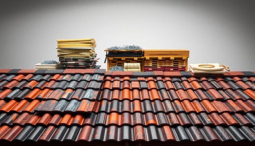 A detailed and realistic image of the main cost components of a roof, showcasing roofing materials in a well-lit, professional-looking studio setting. The foreground features various roofing tiles, shingles, and metal panels neatly arranged, allowing the viewer to examine their textures and colors. The middle ground includes stacks of wooden beams, bundles of insulation, and piles of fasteners, conveying the necessary structural and insulation elements. The background depicts a neutral, minimalist backdrop, focusing the attention on the roofing materials. The lighting is soft and even, creating a sense of clarity and precision, ideal for an informative illustration. The overall mood is one of a technical, educational presentation, suitable for the article's "Główne składniki kosztów dachu: materiały" section.