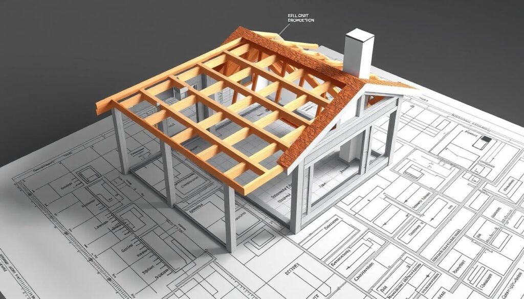 A detailed and technical architectural blueprint showing the cross-section of a residential roof structure, with clear labels and measurements indicating the various components and their corresponding costs. The image should be rendered in a clean, technical style with soft shadows and a neutral color palette, conveying a sense of precision and professionalism. The camera angle should be slightly elevated, providing a comprehensive overview of the roof design and allowing the viewer to easily understand the cost breakdown. Accurate scale, proportions, and attention to detail are essential to effectively communicate the information needed for the article's section on calculating roof costs.