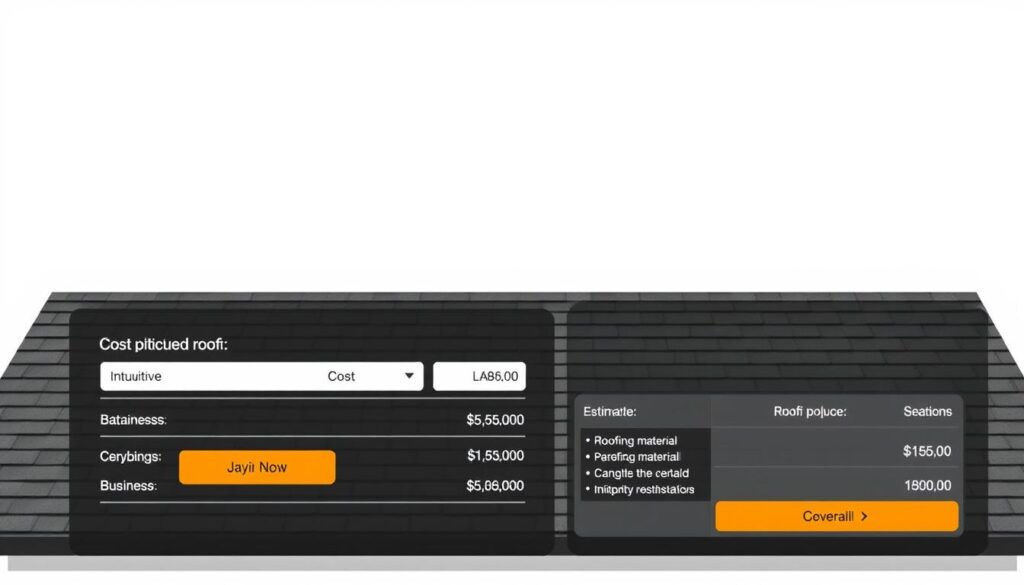 A detailed and visually realistic illustration of a cost calculator for a dual-pitched roof, set against a minimalist and clean background. The calculator interface should be prominently displayed, showcasing intuitive input fields, interactive buttons, and clear cost breakdowns for different roofing materials, labor, and overall project estimates. The scene should convey a sense of professionalism and utility, allowing the viewer to easily envision the process of estimating the costs for a dual-pitched roof project.