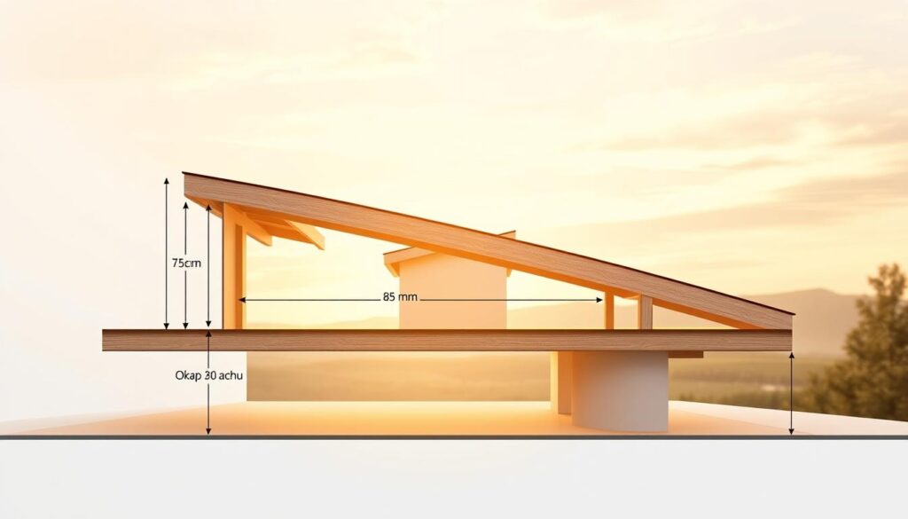 A detailed architectural cross-section showcasing the dimensions of a roof overhang, or "okap dachu", from an elevated angle. The foreground displays the precise measurements and angles of the roof's protrusion, with clean lines and a focus on technical precision. The middle ground features the main structure of the building, rendered in a neutral, minimalist style to emphasize the roofing details. The background subtly blends natural elements like a soft sky and gentle landscape, creating a serene, informative atmosphere. Subtle, warm lighting illuminates the scene, highlighting the architectural features and creating clear, defined shadows. The overall composition strikes a balance between functional information and aesthetic appeal, suitable for an article on roof overhang guidelines.