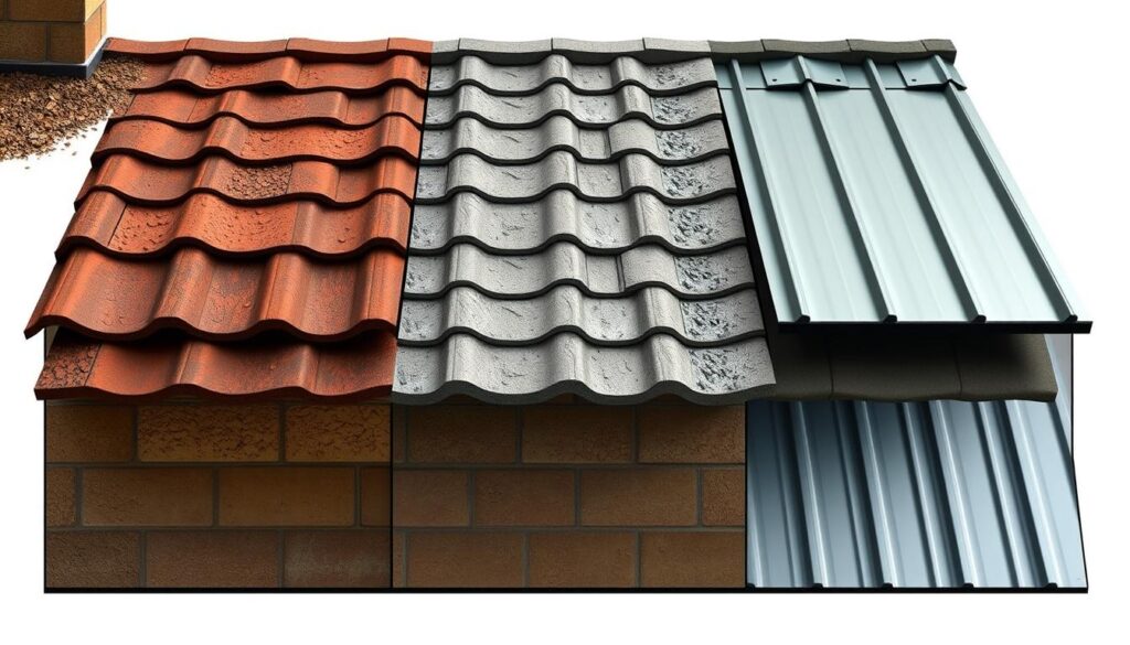 A detailed architectural cross-section showcasing three distinct roofing materials - clay tiles, concrete tiles, and metal panels. The image presents a side-by-side comparison, allowing the viewer to clearly discern the unique textures, profiles, and installation methods of each roofing type. The scene is rendered in a muted, natural color palette, with soft, directional lighting illuminating the subtle details. The perspective is slightly elevated, providing an informative, technical overview of the roofing systems. The goal is to visually educate the viewer on the distinct characteristics and considerations of different roofing options.