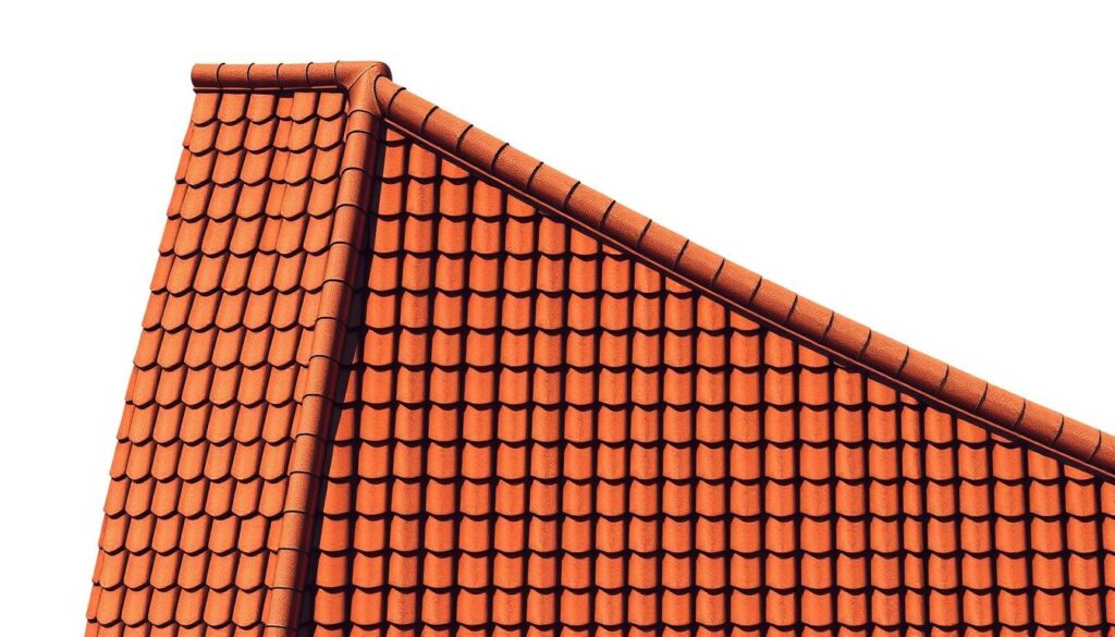A detailed architectural diagram showcasing the roof pattern of a classic two-slope roof design. The image should depict the roof from an angled aerial perspective, highlighting the symmetrical trapezoidal geometry of the slopes. Render the roof tiles with realistic textures and shading, casting natural shadows that accentuate the dimensional form. The background should be a clean, minimalist environment allowing the roof structure to be the primary focus. Utilize a warm, soft lighting setup to create a serene, technical illustration aesthetic suitable for an educational article.