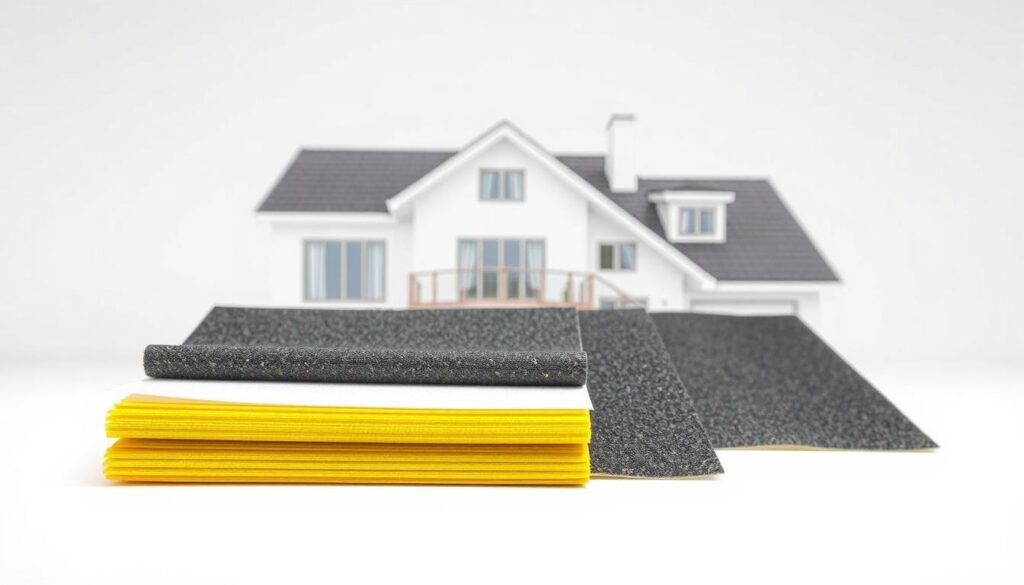 A detailed architectural diagram showcasing various types of roofing felt (roofing paper, roofing membrane) in a well-lit, technical illustration. Prominent in the foreground are samples of different roofing felts, including bitumen-based, polyester-reinforced, and self-adhesive varieties, displayed against a clean, white background. In the middle ground, a cross-section of a roof structure illustrates how the felts are layered and integrated, while the background depicts a contemporary residential or commercial building facade, providing context for their real-world application. The lighting is clear and uniform, highlighting the textures and material properties of the roofing felts. The overall tone is informative and educational, suitable for an article on roofing materials and their uses.