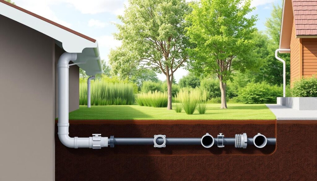 A detailed architectural illustration of a comprehensive drainage system installation. The foreground depicts a well-designed gutter and downspout system seamlessly integrated with the building's roofline, efficiently channeling rainwater away. The middle ground showcases the underground drainage pipes and inspection chambers, their size and placement optimized for maximum efficiency. In the background, lush greenery and a clear sky create a serene, natural setting, emphasizing the harmony between the built and natural environments. The lighting is soft and diffused, highlighting the clean lines and carefully considered design elements. The overall composition conveys a sense of functionality, sustainability, and aesthetic appeal, suitable for illustrating the section on "Dobór instalacji odwodnieniowej i rozmiary rur spustowych".