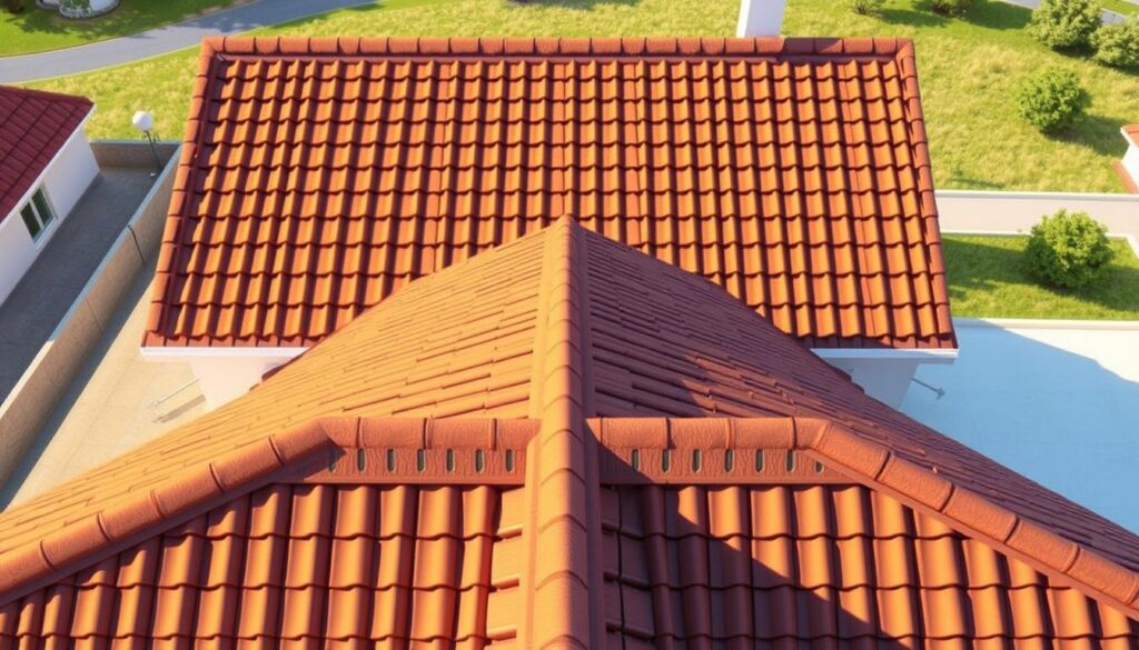 A detailed architectural illustration of a two-pitched roof construction, showcasing its key components. Visible from an elevated perspective, the roof features symmetrical gable ends, clean lines, and a harmonious tile pattern. The scene is illuminated by warm, natural lighting, casting subtle shadows that accentuate the dimensional aspects. The foreground highlights the roof's structure, including the rafters, trusses, and roofing materials, while the middle ground depicts the overall roof shape and slope. The background provides context, featuring a portion of the building's exterior walls and the surrounding landscape. The overall composition conveys a sense of balance, functionality, and craftsmanship associated with two-pitched roof construction.