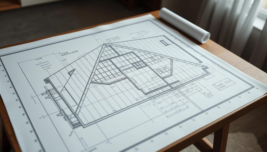 A detailed architectural plan of a hipped roof (also known as a "kopertowy" roof) displayed on a drafting table. The plan shows the intricate roofline, slope angles, and structural elements necessary for the construction of this roof type. The lighting is soft and diffused, creating a contemplative mood suitable for technical planning. The perspective is slightly elevated to showcase the comprehensive layout, with careful attention to scale, measurements, and technical annotations. The overall scene conveys a sense of precision, functionality, and professional expertise required for the proper design and implementation of a hipped roof structure.