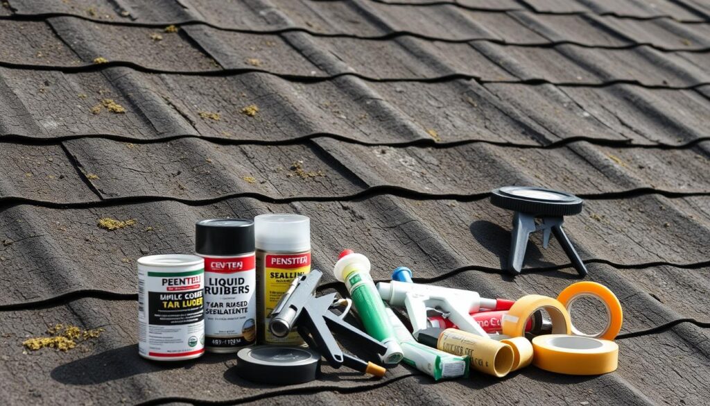 A detailed close-up of a roof covered in tar-based roofing felt, or "papa" as it's known in some regions. The surface is weathered and slightly cracked, with patches of moss and lichen growing in the crevices. In the foreground, various sealants, caulks, and repair materials are neatly arranged, including cans of liquid rubber, caulk guns, and rolls of specialized sealing tape. The lighting is soft and natural, with gentle shadows highlighting the textural details of the roofing material. The image conveys the sense of a practical, step-by-step approach to maintaining and repairing a tar-based roof.