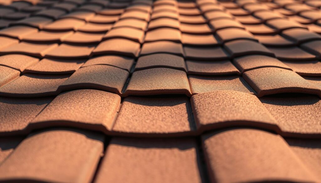 A detailed close-up shot of roof tiles or shingles, showcasing the texture, color, and cost per square meter. The tiles are arranged in an orderly, overlapping pattern, with a slight shadow cast from the sun's angle, emphasizing their depth and dimensionality. The lighting is natural and soft, creating a warm, inviting atmosphere. The background is slightly blurred, keeping the focus on the tiles and their associated pricing information. The image should convey a sense of quality, durability, and the practical considerations homeowners face when selecting roofing materials and their associated costs.