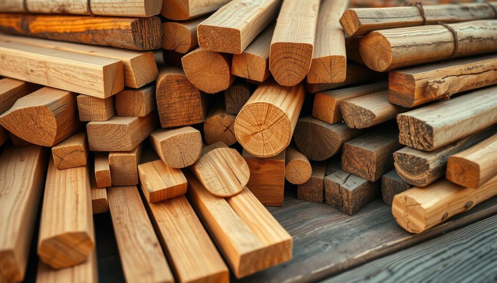 A detailed close-up view of various types of wooden beams and logs arranged on a wooden surface, illuminated by natural soft lighting. The assortment includes different lengths, widths, and grains of lumber, showcasing the diverse options available for a roof construction project. The arrangement is visually appealing, highlighting the textures, colors, and qualities of the wood materials. The scene conveys a sense of craftsmanship, practicality, and the importance of selecting the right wood for a roofing application.