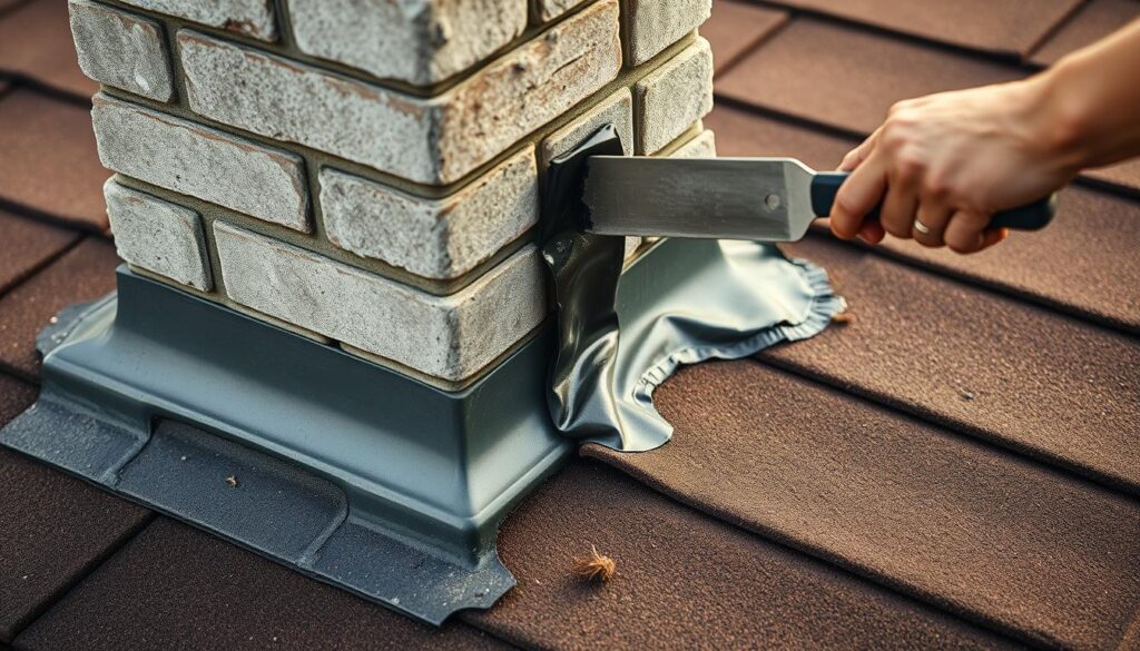 A detailed, closeup view of a chimney being sealed on a tar paper (asphalt) roof. The chimney has a weathered, gray brick exterior. A worker is applying a thick, black sealant around the base of the chimney with a putty knife, carefully filling in any gaps or cracks. The tar paper roof has a mottled, textured appearance, with subtle shadows and highlights capturing the surface. The image has a warm, earthy tone, conveying the manual, hands-on nature of the roofing work. The lighting is soft and diffuse, creating a sense of atmosphere and depth. The overall scene emphasizes the technical, step-by-step process of properly sealing a chimney on a tar paper roof.