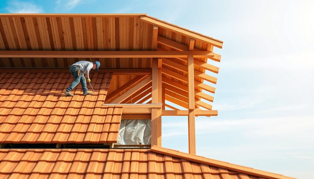 A detailed cross-section view of a roof showing the process of roof decking. In the foreground, carpenters are carefully installing wooden planks, creating a sturdy and uniform roofing surface. The middle ground reveals the underlying roof structure, including the rafters, trusses, and insulation materials. In the background, a clear blue sky with soft, diffused lighting creates a serene and professional atmosphere. The scene conveys the technical expertise and methodical approach required for proper roof decking, emphasizing the importance of this crucial construction step.