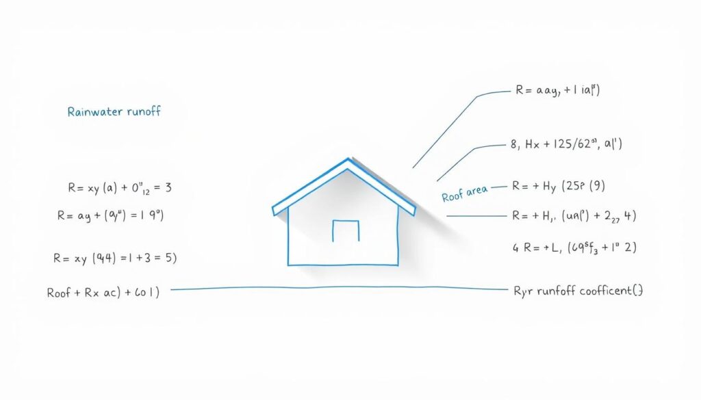 A detailed diagram illustrating the calculation of rainwater runoff from a residential roof. Centered in the frame, a roof structure with a defined pitch and dimensions, drawn in a technical blueprint style. Surrounding it, a series of mathematical equations and variables, including roof area, rainfall intensity, and runoff coefficient, all neatly laid out. The overall aesthetic is clean, minimalist, and educational, conveying a sense of precision and practical application. Soft, directional lighting casts subtle shadows, emphasizing the three-dimensional elements. The background is a plain, neutral tone, allowing the technical details to be the focal point.