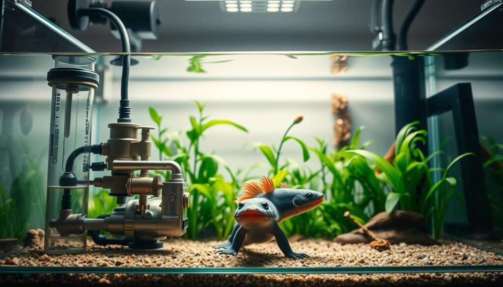 A detailed, expertly-crafted aquarium setup for a captivating axolotl. In the foreground, a carefully designed filtration system with various mechanical and biological components harmoniously integrated. The middle ground showcases a serene underwater scene, with lush aquatic plants swaying gently, creating a tranquil environment. In the background, a subtly-lit, clean-lined aquarium tank, reflecting the natural beauty of the axolotl's habitat. Precise camera angle captures the full depth and scale of the setup, highlighting the technical prowess and aesthetic considerations necessary for an optimal axolotl living space. Warm, earthy tones and soft lighting evoke a calming, naturalistic atmosphere, perfect for illustrating the "System filtracji i cyrkulacja wody dostosowana do aksolotli" section. A detailed, expertly-crafted aquarium setup for a captivating axolotl. In the foreground, a carefully designed filtration system with various mechanical and biological components harmoniously integrated. The middle ground showcases a serene underwater scene, with lush aquatic plants swaying gently, creating a tranquil environment. In the background, a subtly-lit, clean-lined aquarium tank, reflecting the natural beauty of the axolotl's habitat. Precise camera angle captures the full depth and scale of the setup, highlighting the technical prowess and aesthetic considerations necessary for an optimal axolotl living space. Warm, earthy tones and soft lighting evoke a calming, naturalistic atmosphere, perfect for illustrating the "System filtracji i cyrkulacja wody dostosowana do aksolotli" section.