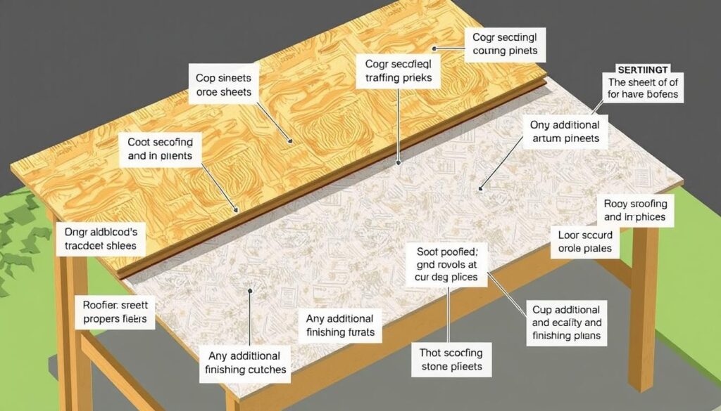 A detailed illustration of the costs associated with roofing a structure using OSB (oriented strand board) panels. A well-lit, high-angle view showcases the various material components, including the OSB sheets, fasteners, sealants, and any additional finishing touches. The scene captures the scale and complexity of the project, with a focus on highlighting the key cost drivers and potential areas for optimization. The overall mood is informative and technical, providing a comprehensive visual guide to help readers understand the financial implications of this roofing solution.